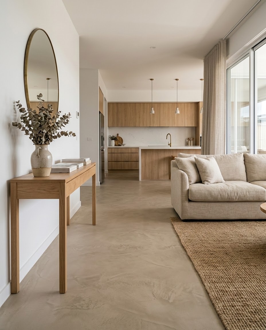 Microcement open plan living and kitchen